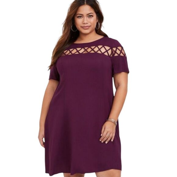 TORRID PURPLE LATTICE Short Sleeve Challis Trapeze Mini Dress M/L - Picture 1 of 16